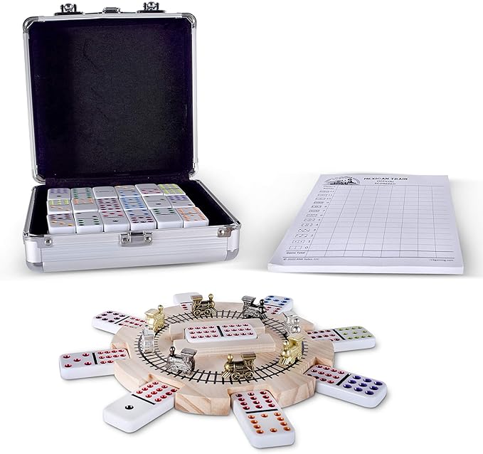 Mexican Train Dominoes Set Double 12 Color Dots with Wooden Hub 8 Metal Trains and Aluminum Case