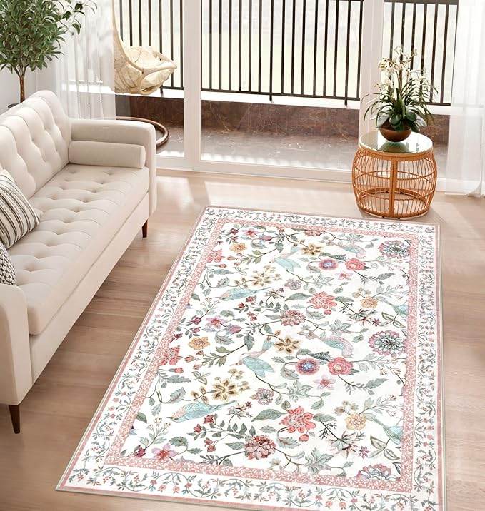 Washable Floral Area Rug, 3x5 Pink Indoor Entryway Rug Soft Non-Slip Botanical Kitchen Rugs, Ultra Thin Modern Flower Birds Throw Carpet for Living Room Bedroom Nursery Foyer