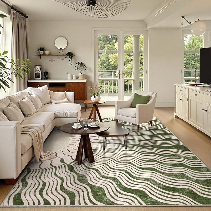 Boho Washable Rug 6x9, Soft 6x9 Green Rugs for Living Room, Ultra-Thin Non Slip Bedroom Rug Stain Resistant Classroom Rug Large Carpet for Dining Room Nursery(6'x9',Green/Multi)