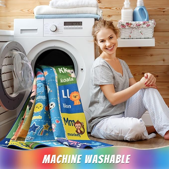 ABC Kids Rug for Playroom, 3x5 Washable Classroom Area Rugs, Toddler Educational Play Mat with Alphabet Numbers Seasons Shapes, Learning Fun for Preschool Children, Blue & Green