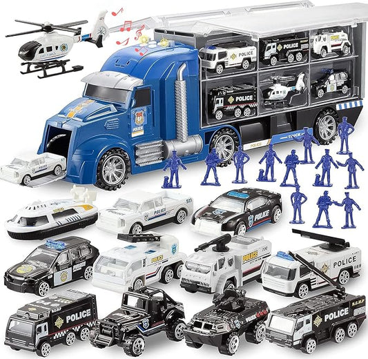JOYIN 25 in 1 Police Rescue Truck Car Toy Set with Sounds and Lights, Mini Vehicles in Carrier Truck, Play Police Patrol Rescue Vehicle Toy, Birthday Gifts for Over 3 Years Old Boys