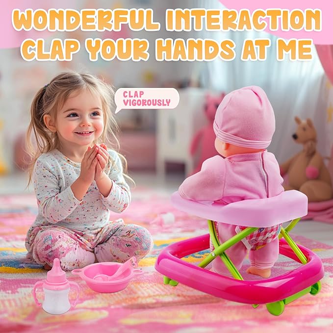 Baby Doll and Baby Walker Set, Learn to Walk Baby Dolls Soft Body Posable & Walking Dolls, Baby Doll with Wheeled Walker Cart and Accessories, Toys Gifts for Toddlers 2 3 4 5+