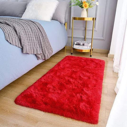 Amearea Shag Fluffy Small Rug, 2x4 Feet Throw Rugs for Bedroom Girls Living Room, Extra Soft and Fuzzy Shaggy Carpet, Non Slip, Solid Color Nursery Home Floor Decor Carpets, Red