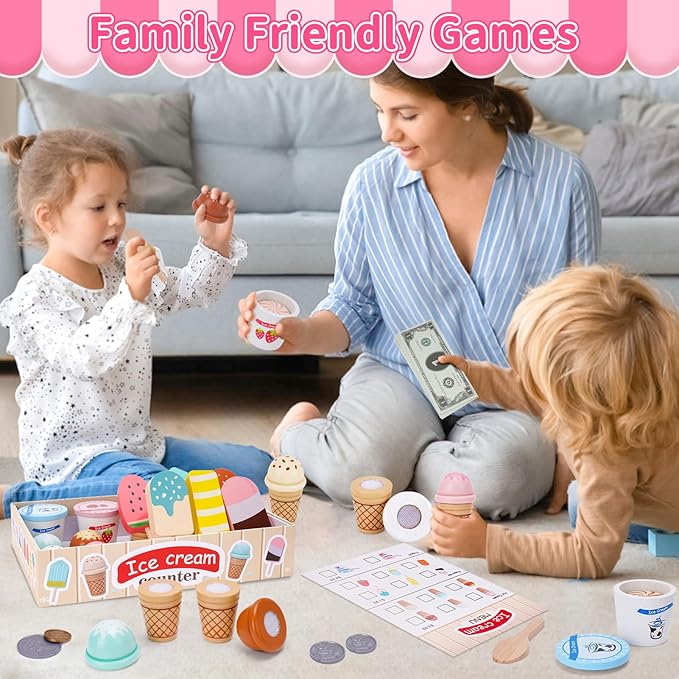 Wooden Ice Cream Toys for Toddlers 3-5, Kids Wooden Toys Play Kitchen Accessories, Play Food Sets for Kids Kitchen, Pretend Play Toys Gifts for 3 4 5 Year Old Girls Boys Birthday Christmas