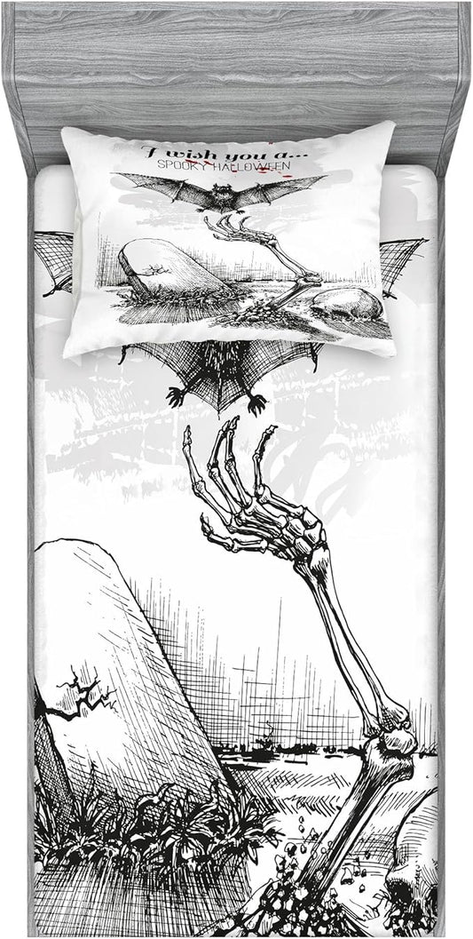 Ambesonne Halloween Fitted Sheet & Pillow Sham Set, Dead Skull Skeleton Out of The Grave and Flying Bat Hand Drawn Spooky Picture, Decorative Printed 2 Piece Bedding Decor Set, Twin, Black Ecru