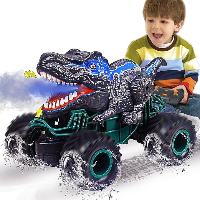 Dinosaur Remote Control Car, 2.4GHz RC Mega Monster Truck Toys for Toddlers, Dinosaur Toys with Light Sound Spray, Christmas and Birthday Gifts for 2 3 4 5 6 7 8-12 Kids Boys,All Terrain RC Cars