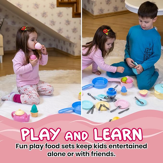 TECHNOK Kids Play Kitchen Accessories - 49 Pcs Play Dishes Cookware Set - Large Toy Pots and Pans for Kids Kitchen Pretend Dishes - Play Food Set - Cooking Utensils - Toy Cooking Set for Girls Boys 3+