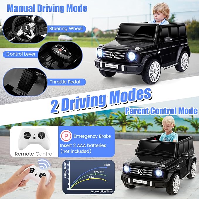 Costzon Ride on Car, Mercedes-Benz G500 Licensed Truck w/Rocking Mode, 3 Speeds, Remote, Horn, Music & LED Lights, Spring Suspension, 12V Battery Powered 4WD G Wagon Electric Vehicle for Kids (Black)