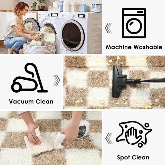 KICMOR Rugs for Living Room, 5x8 Fluffy Soft Beige and Cream White Checkered Shag Area Rug Large Fuzzy Shaggy Bedroom Carpet, Plush Rug for Kids Boys Girls Teen Dorm Nursery Home Decor Aesthetic