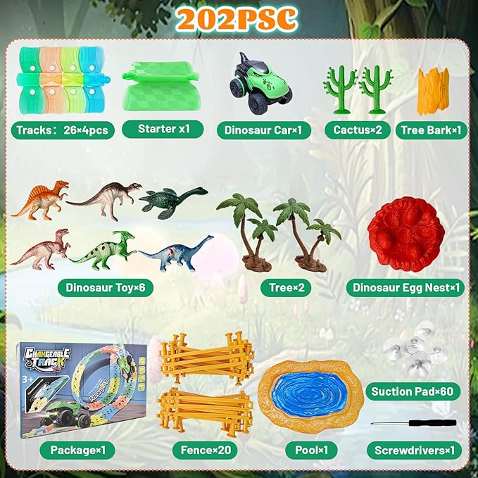 APEO Dinosaur Train Set for Kids Ages 4-8 Dinosaur Toys for Kids 3-5 Race Tracks for Kids Ages 3-5 Contains Glow Race Tracks and LED Toy Cars Car Tracks Gifts for 4 Year Old Boys
