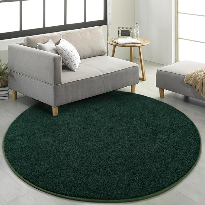 FlyDOIT Round Area Rugs for Bedroom Living Room, 5x5 Dark Green Super Soft Comfy Thickened Memory-Foam Indoor Circle Carpet, Modern Aesthetic Minimalist Carpet for Boys Girls Adults Nursery Home Décor