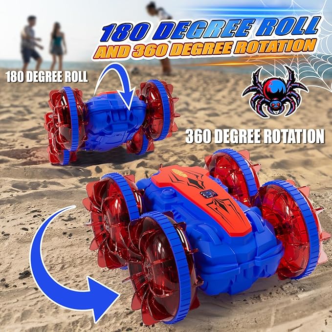 Remote Control Amphibious Gesture RC Boat Car - 4WD Waterproof Stunt Vehicle With LED Lights, Water Beach Pool Toys for Kids Ages 4-12 - Gifts for Boys Girls (Blue&Red)