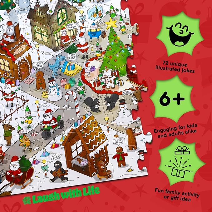 72 Piece Christmas-Themed Joke Floor Puzzle for Kids – Fun Holiday Puzzle with Family-Friendly Jokes on Each Piece – Made in USA – Perfect for Ages 6+, XL Puzzle Size Assembled 24" x 36"