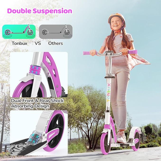 TONBUX Kick Scooter for Ages 6+, Dual Suspension Kids Scooter with Lightweight Aluminum Frame, Adjustable Handlebar Scooters for Kids, Teens and Adults