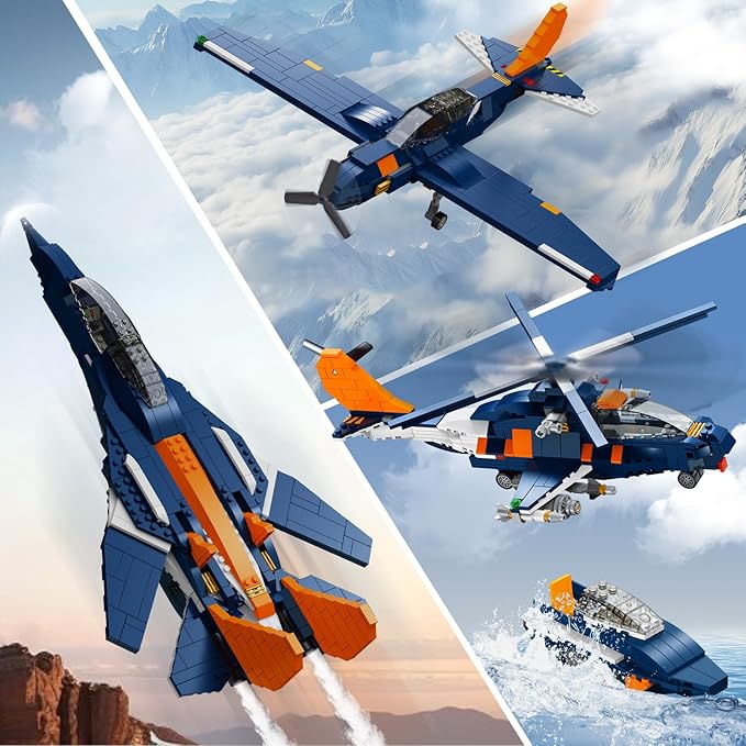 HOGOKIDS 3 in 1 Fighter Jet Plane Building Sets, Military Propeller Aircraft Gunship Building Toys with Vehicle/Rocket Launcher/Speedboat Model Toys, Birthday Gift for Kids, Boys and Girls 10+, 738PCS