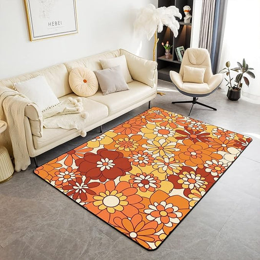 Boho Floral Area Rug 4x5 Retro Groovy Flowers Carpet 60S 70S Hippie Flower Power Decorative Rug for Kids Girls Women Groovy Natural Garden Botanical Orange Brown Non Slip Rug for Bedroom