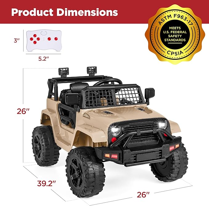 Best Choice Products 12V Kids Ride On Truck Car w/Parent Remote Control, Spring Suspension, LED Lights, AUX Port - Sand