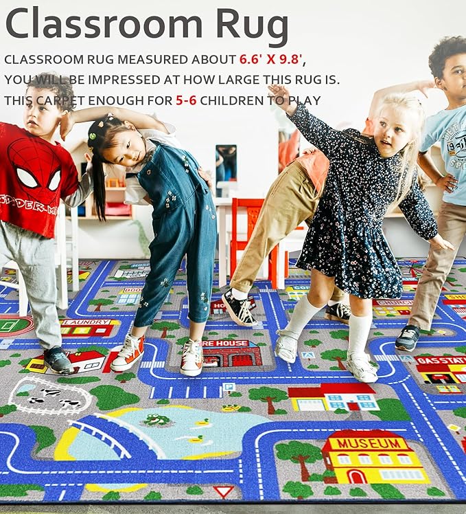 Educational Road Traffic Carpet Kids Carpet Playmat Car Rug Fun City Life Map Kids Car Rug Non Slip Play Carpet for Children Playroom Bedroom Classroom Decor (Blue, 6'6''x9'8'')