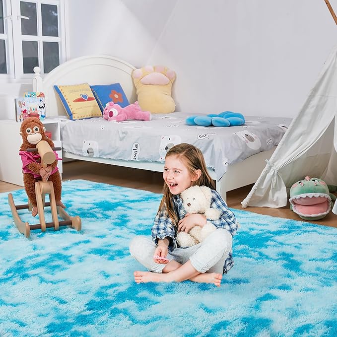 Ultra Soft Rug for Living Room, 4X5.8 Fluffy Shag Area Rug for Bedroom, Modern Shaggy Carpets Fuzzy Rug for Teens Dorm Nursery Home Decor Aesthetic, Upgrade Anti-Skid Durable, Tie-Dyed Blue
