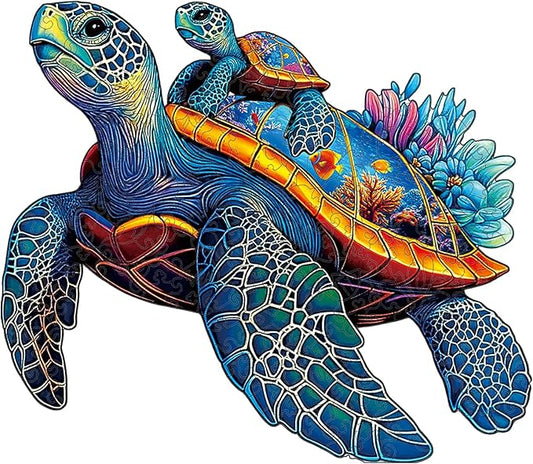 Wooden Jigsaw Puzzles for Adults Teens Kids, Parent and Child Sea Turtle Wood Puzzle, 300 Pieces Unique Animal Shaped Puzzle, Fun Challenging Family Games, 15.49" x 11.65", Gift Box Included
