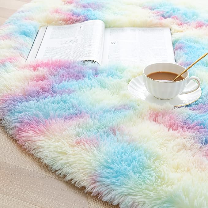 junovo Soft Round Rainbow Area Rugs for Girls Room, Fluffy Colorful Circle Rugs for Kids Bedroom, Cute Circular Rug Princess Castle Plush Shaggy Carpet for Kids Teen Baby Room Nursery Home Decor, 5ft
