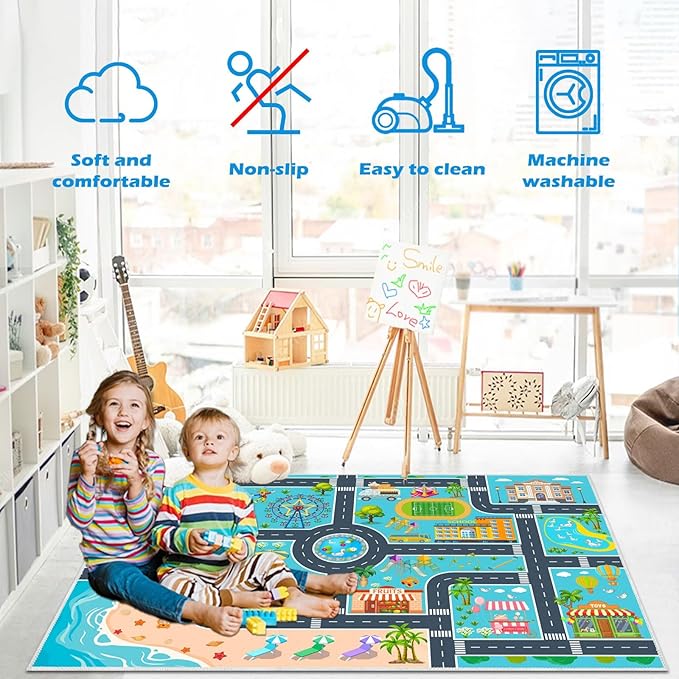 Kids Carpet Playmat Car Rug, Car Rug for Kids Toy Cars and Train, Non Slip Play Mat for Playroom Kids Room, City Life Educational Road Traffic Carpet for Classroom Nursery(Light Blue,47×71in)