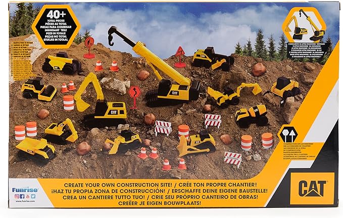 CAT Construction Toys, Little Machines Mega Set – 40+ Pieces with XL Crane & Excavator, 10 Mini Vehicles, Road Signs, Cones, Boulders & Barricades, Indoor/Outdoor STEM Toy for Kids Ages 3 +