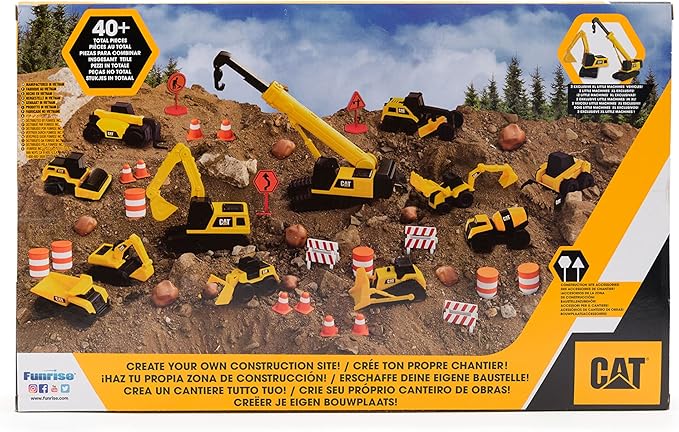 CAT Construction Toys, Little Machines Mega Set, 40-Piece Yellow Vehicles and Construction Site Accessories, Includes Dump Truck, Crane, Excavator, Bulldozer and more, for Kids and Toddlers Ages 3+