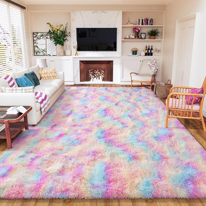 AROGAN 8x10 Feet Soft Rainbow Area Rugs for Kids Girls Room, Fluffy Cute Colorful Princess Carpet for Kids Teens Nursery Toddler,Bedroom, Pink
