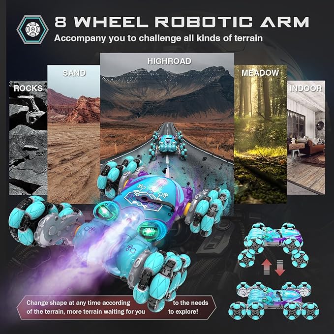 8WD Gesture Sensing RC Stunt Car, Boys Toys with Spray & Light, Hand Controlled RC Car Toys Gift for Kids Boys Age 8-12