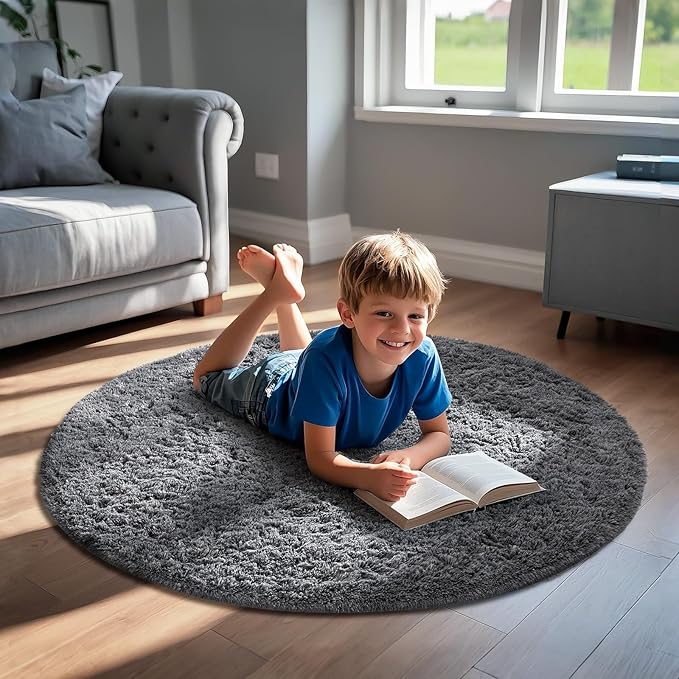 Ophanie Round Rug 4Ft Grey Circle Area Rug, Fluffy Fuzzy Bedroom Carpet, Plush Soft Shaggy Indoor Floor Gray Living Room Rugs for Kids Home Decor Aesthetic, Nursery