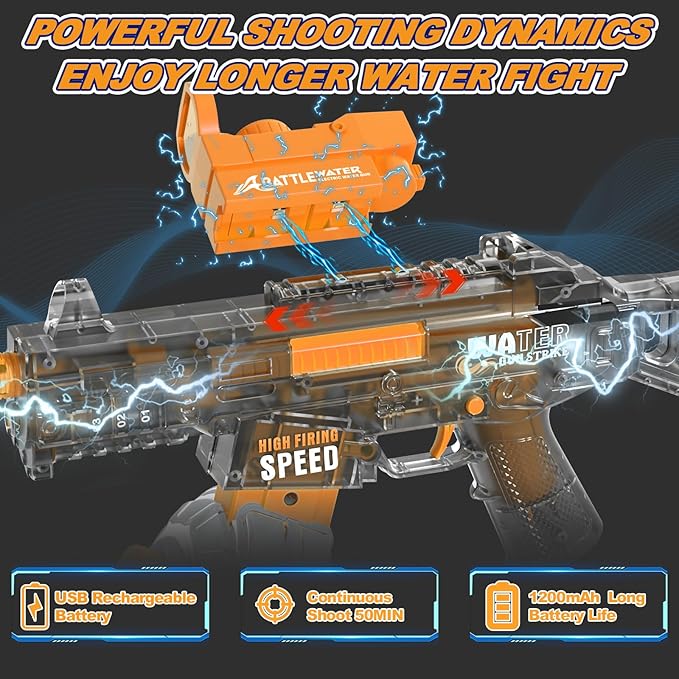 Electric Water Gun for Adults Kids Automatic Squirt Water Gun with Large Capacity High-Powered Water Blaster Up to 33 FT Long Range Summer Outdoor Beach Pool Water Fighting Toy for Boys Girls Orange
