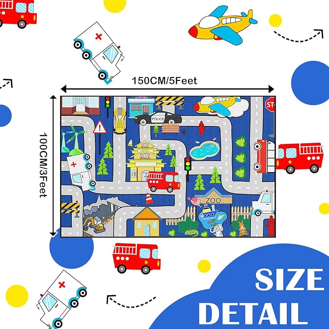 Kids Carpet Playmat Rug - Kids Car Rug Play Mat, City Life Map Car Mat for Kids Toy Cars Educational Play Traffic Road Carpet for Bedroom (Sky Blue, 3x5 Feet)