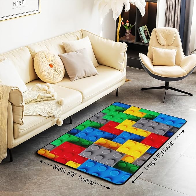 Colorful Toy Area Rug 3x5, 3D Building Blocks Pattern Rug, Kids Boys Toy Bricks Carpet for Living Room, Fun Brick Gradient Rainbow Non Slip Washable Decorative Rug, Red Yellow Blue Grey