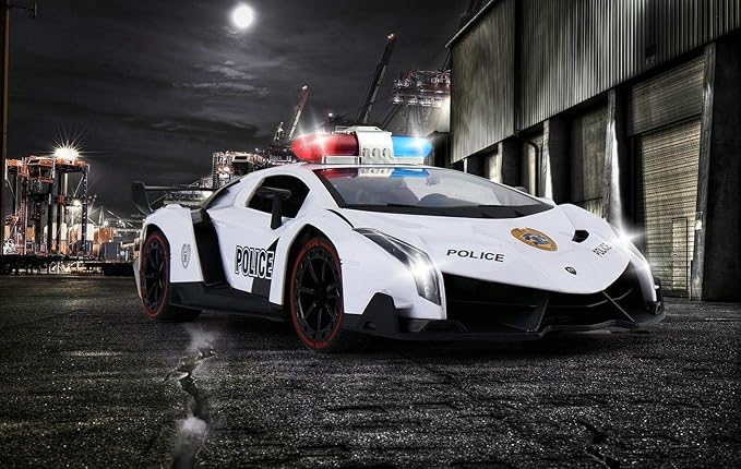Remote Control Police Car, 4D Motion Gravity and Steering Wheel Control, 1:12 Scale, 2.4Ghz, with Lights, Sirens, Powered Doors, (TR-911)