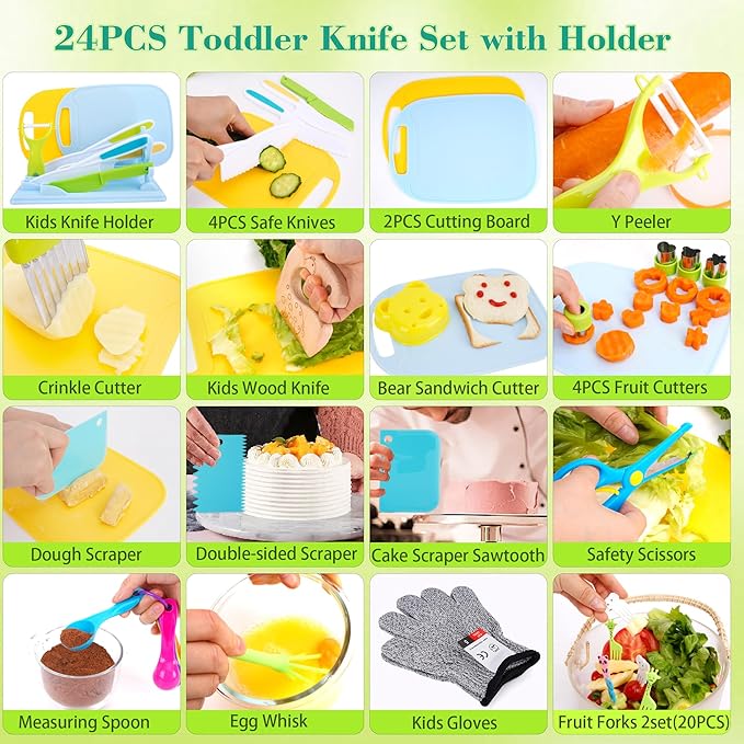 FCSONU 24 Pcs Montessori Kitchen Toys for Toddlers, Kids Kitchen Knife Set with Holder, Kids Cooking Sets Real with Knife Block & Plastic Kid Safe Knives Set & Cutting Board, Boy Girls Birthday Gifts