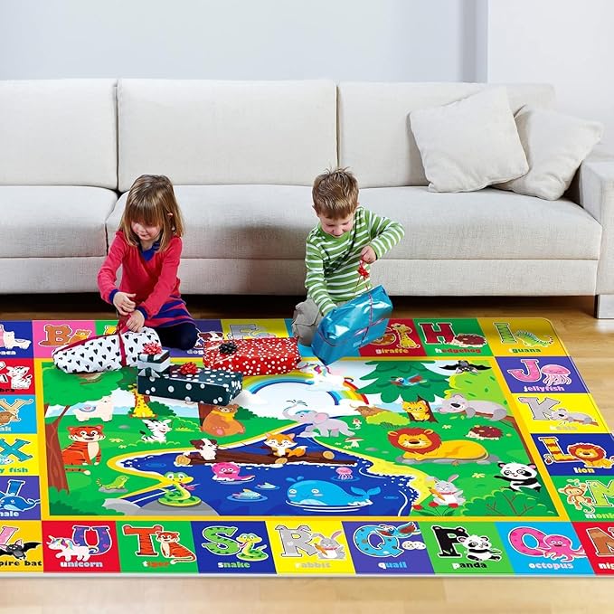 Kids Play Rug, Animals Print Baby Mat for Floor, Kids Rug for Playroom, ABC Educational Rug, Non-Toxic Soft Baby Crawling Mat, Tummy Time Mat, Nursery Rugs (Green, 47.2X31.5 INCH)