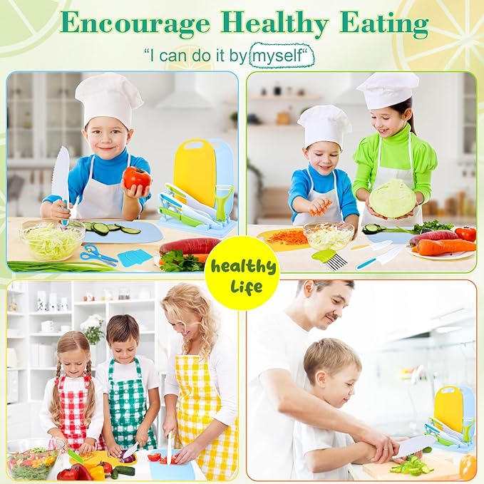 FCSONU 24 Pcs Montessori Kitchen Toys for Toddlers, Kids Kitchen Knife Set with Holder, Kids Cooking Sets Real with Knife Block & Plastic Kid Safe Knives Set & Cutting Board, Boy Girls Birthday Gifts