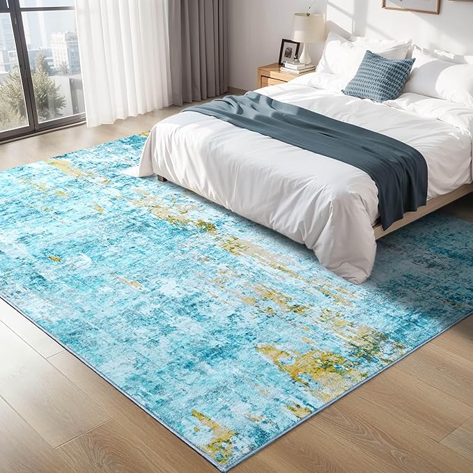 Ompaa Living Room Rug 8x10 Teal Blue Area Rugs Machine Washable Abstract Boho Large Rug Non-Slip Non-Shedding Faux Wool Indoor Vintage Carpet for Bedroom, Classroom, Dining Room, Kids Playroom