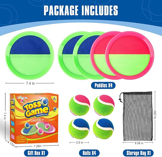 Shemira Toss and Catch Ball Game Set, Beach Pool Yard Outdoor Toys Games for Kids Ages 4-8-12, Lawn Beach Camping Outdoor Games for Adult Family, Birthday Summer Gifts for Kids, 4 Paddles 4 Balls