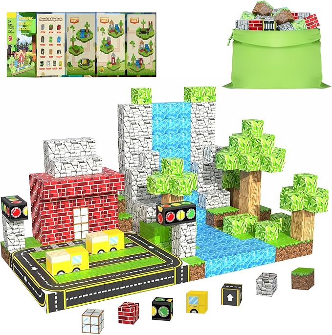 Magnetic Building Blocks for Kids Ages 4-8,Magnet STEM Sensory Toys-Tiles Road Track, Mine World Build Set, Christmas Birthday Gifts Toy 32PCS