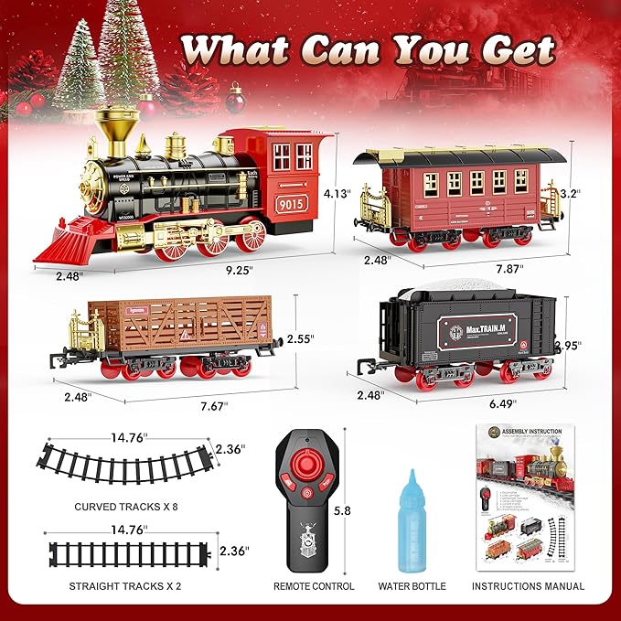 Hot Bee Train Set - Train Toys for Boys with Smokes, Lights and Sound, Toy Train Set for Under Christmas Tree, Toddler Model Trains for 3 4 5 6 7 8+ Years Old Kids Christmas Toys Gifts