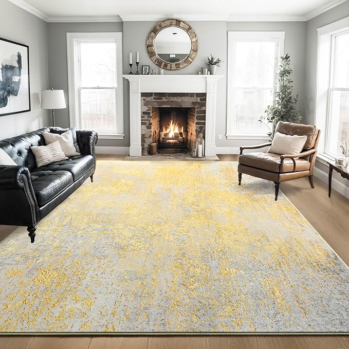 Ompaa Living Room Rug 8x10 Area Rugs Washable Abstract Boho Large Carpet Non-Slip Non-Shedding Faux Wool Indoor Vintage Rug for Bedroom, Classroom, Dining Room, Kids Playroom (Orange, Silver & Gray)