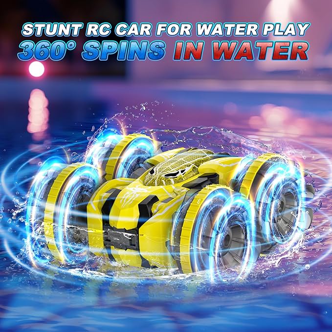Waterproof Remote Control Car，4WD Amphibious 2.4 GHz RC Car Remote Control Boat，360°Rotation RC Stunt with LED Lights，Boys Girls Gifts All Terrain Water Beach Pool Toy Yellow