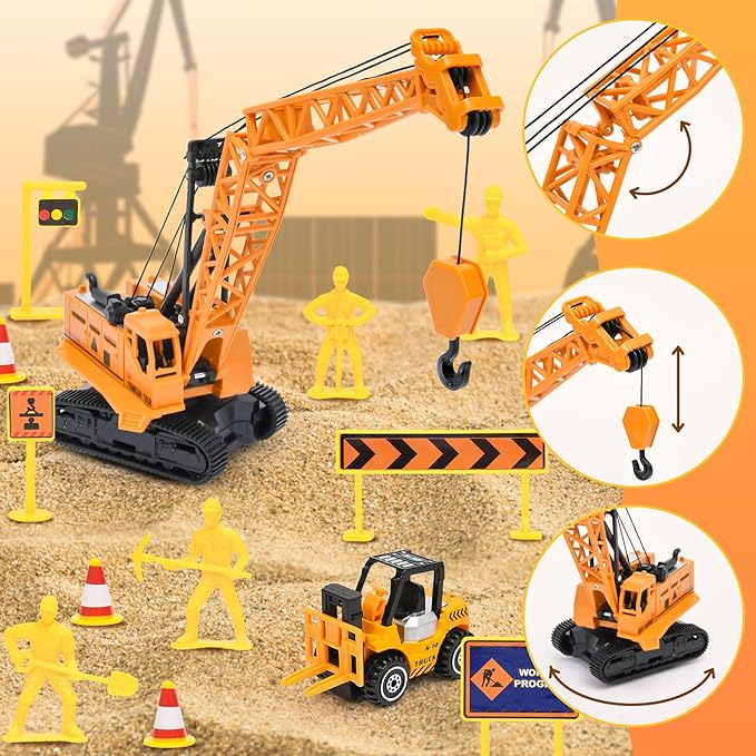 Construction Sandbox Toys Kids Play Sand Kit, 3.1lbs Sand & Large Tower Crane & 5 Trucks & 13 Signs & 14 Molds, Beach Building Castle Table Sensory Bin Toy for Toddler Boy 3-8 Years Old