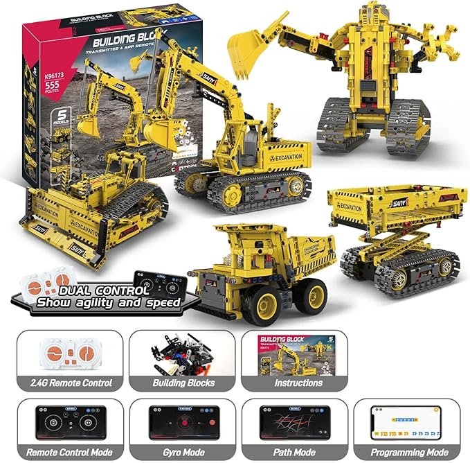 5 in 1 Robot Building Kit - Toy Excavator STEM Kits for Kids Age 8-10, STEM Toys for Boys Age 8-12, App & Remote Control Robotics for Kids Ages 8-12 (555 PCS)