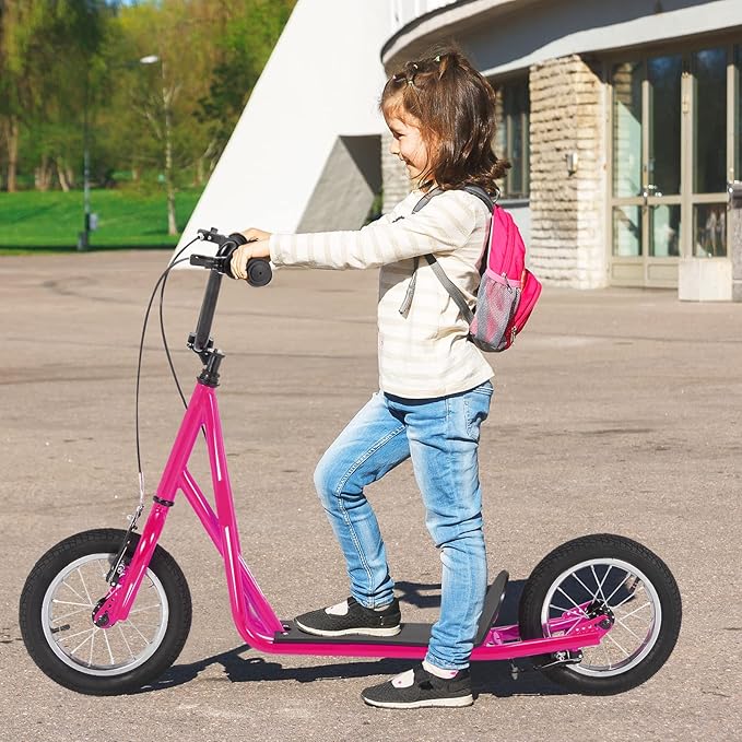 Goplus Youth Kick Scooter, Kids Kick Scooter W/ 12-Inch Air Filled Wheels, Carbon Steel Frame, Adjustable Handlebar, Front and Rear Dual Brakes, Ride On Toys for Adults Teens 8+
