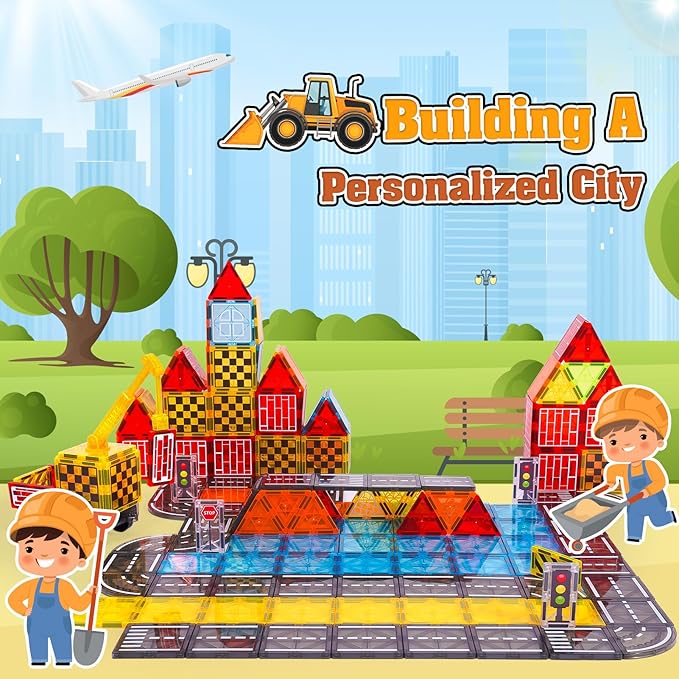 Magnetic Tiles Kids Construction Toys - Road Set with Magnet Crane for Boys Age 3-5 4-8 8-10, Magnet Building Blocks Expansion Pack Toy Car Track Train Set, Road, Dolls, Traffic Lights and Stations