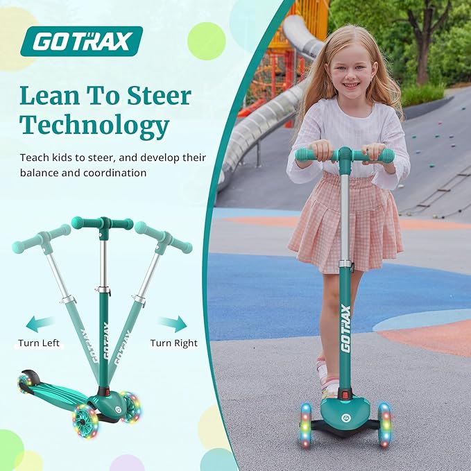 Gotrax KS1 Kids Kick Scooter, LED Lighted Wheels and 3 Adjustable Height Handlebars, Lean-to-Steer & Widen Anti-Slip Deck, 3 Wheel Scooter for Boys & Girls Ages 2-8 and up to 100 Lbs