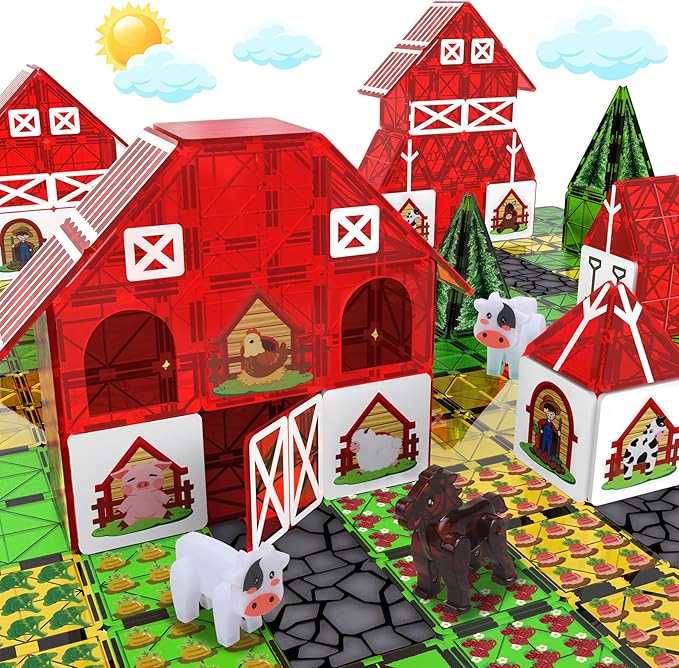 Magnetic Tiles Farm Animal Toy Set with Interactive Cow & Horse, Magnetic Building Blocks for Kids Ages 3-5 4-8 5-7, Magnet Tiles Educational STEM Toy for Boys & Girls